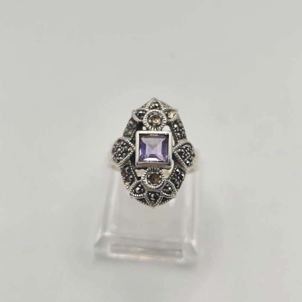 Vintage Ari D. Norman Sterling Silver Amethyst & Marcasite Victorian Style Ring - Picture 3 of 7